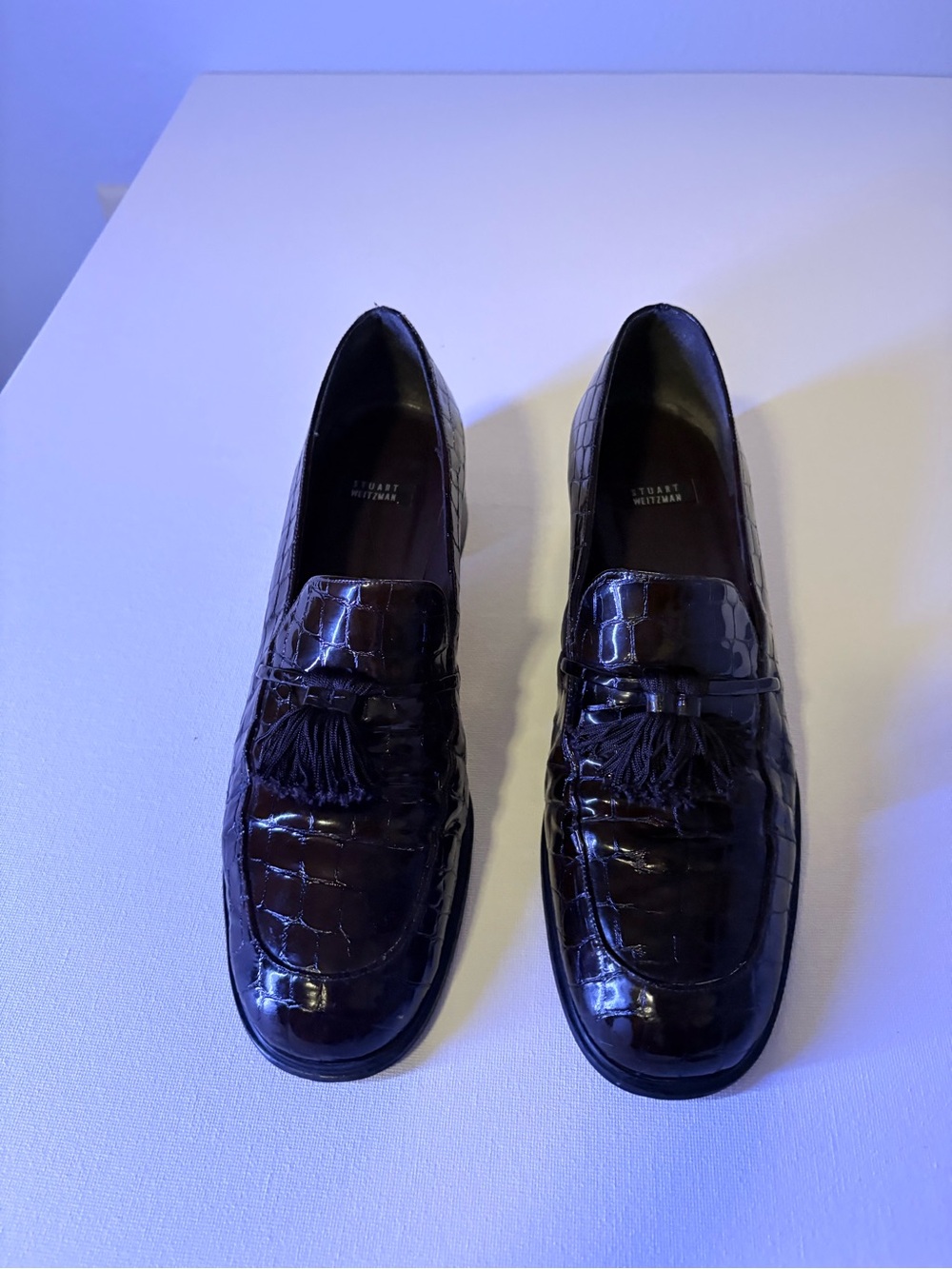 Stuart Weitzman Dark Brown Croc-Embossed Tassel Loafers
